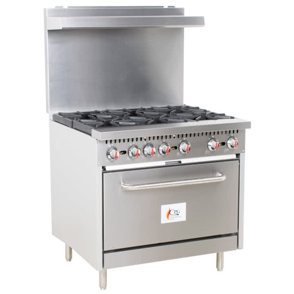 silver propane oven with black burners