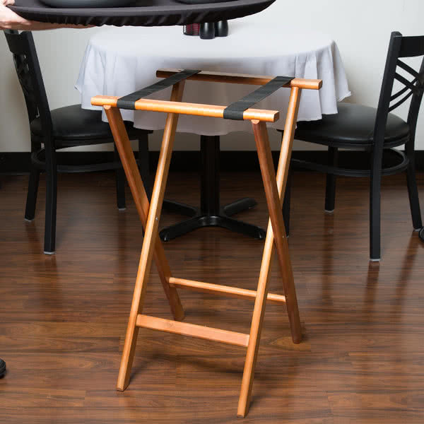 wood tray stand with black straps