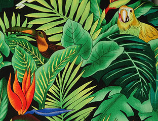 green tropical leaves with colorful birds