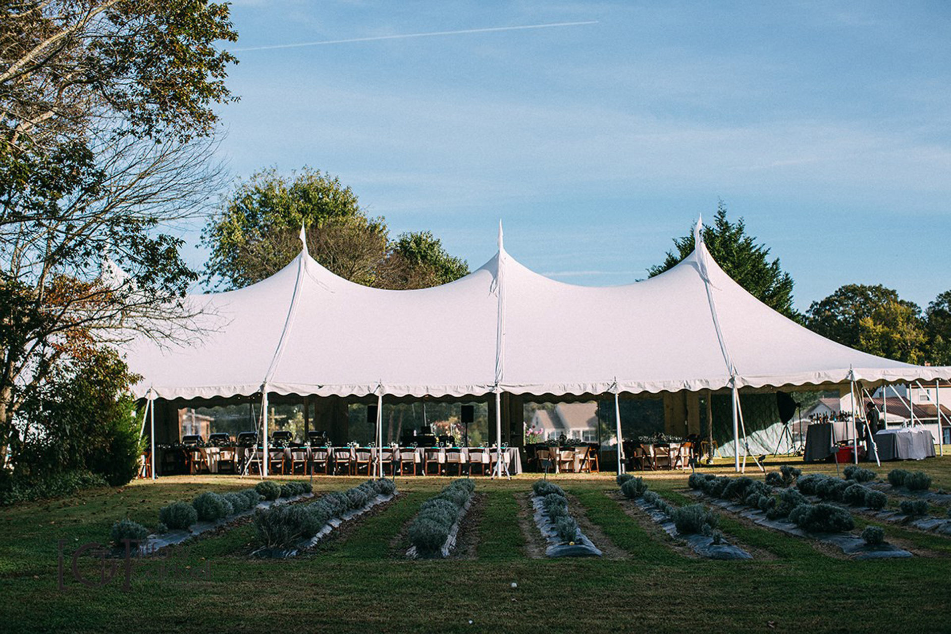 Large white tent for wedding reception